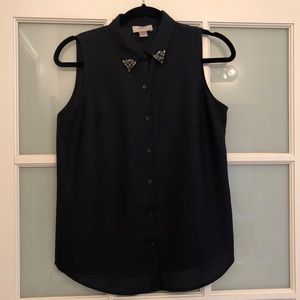 LOFT 2P navy blue jeweled collard